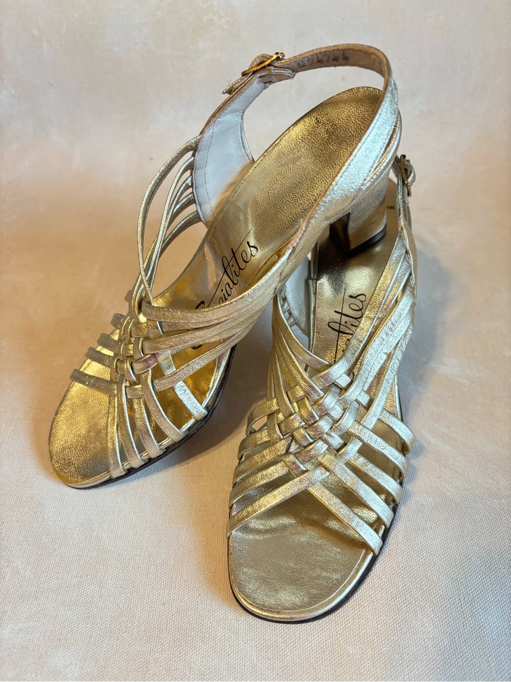 Socialites Metallic Gold Strappy Slingback High Heel Sandals, pumps, leather! 7